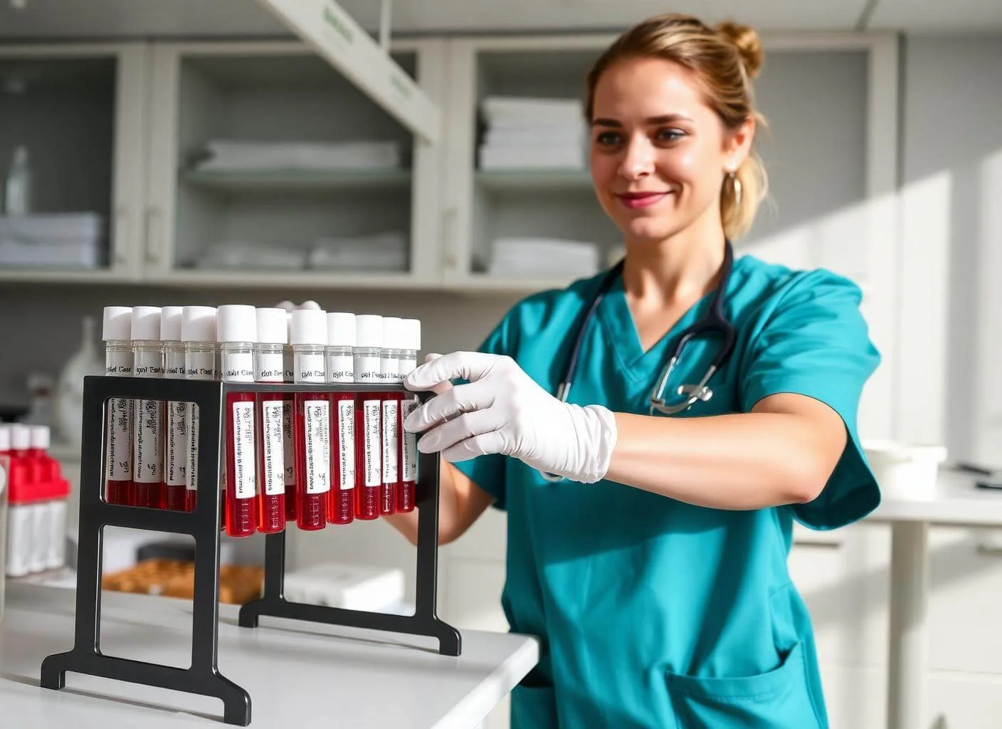 Profissional de laboratório veterinário organizando amostras biológicas para transporte