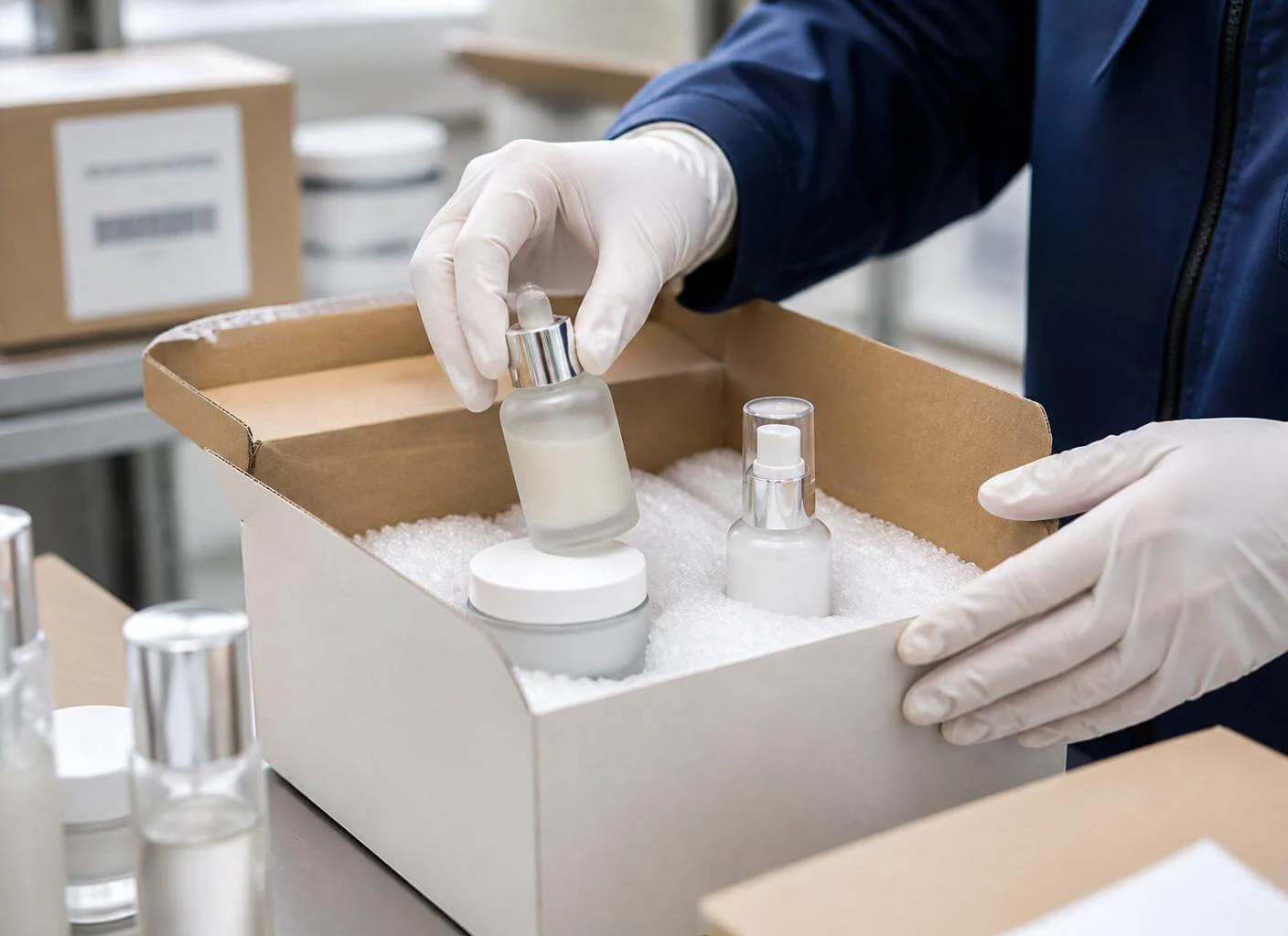 Profissional acondicionando frascos de cosméticos em caixa com proteção