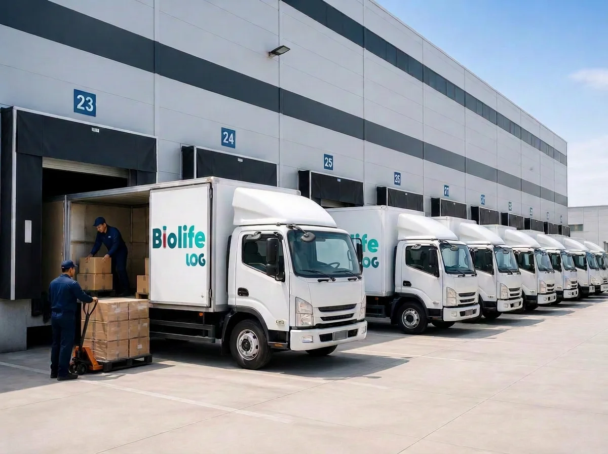 Frota de caminhões sendo carregada em doca de centro de distribuição