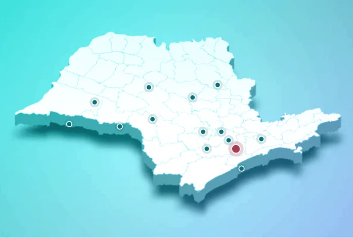 Mapa ilustrativo do estado de São Paulo com marcadores das cidades atendidas