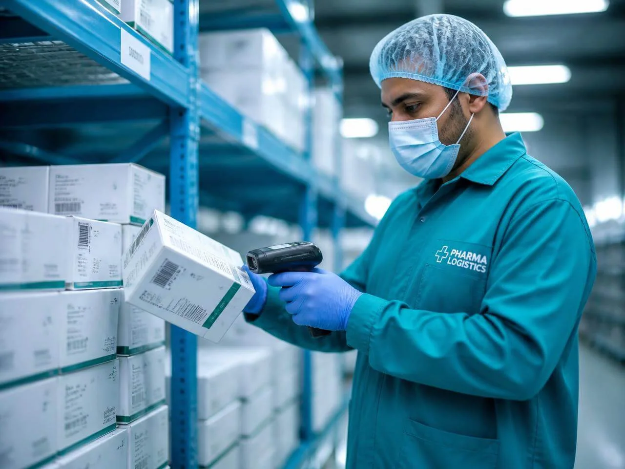 Centro de distribuição farmacêutico com medicamentos organizados em prateleiras