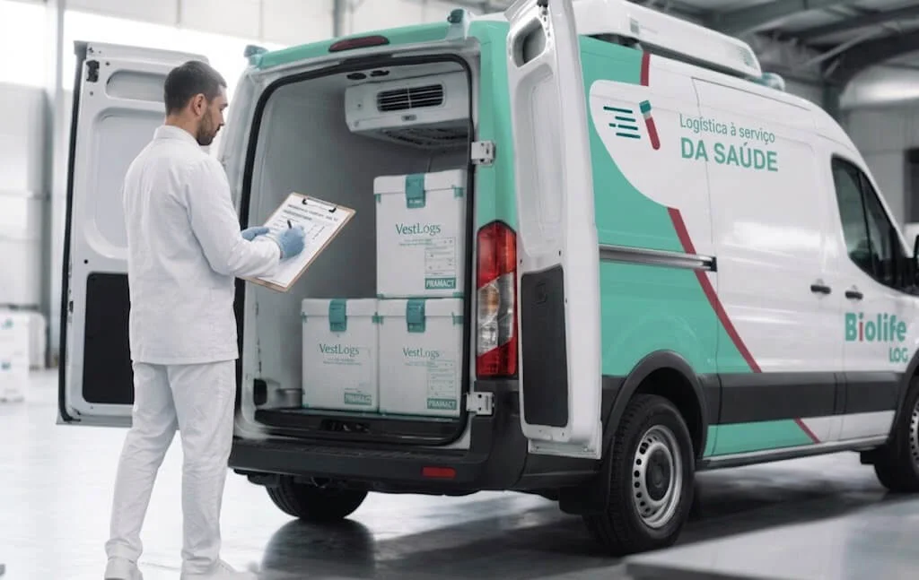 Profissional realizando conferência de protocolos de segurança junto ao veículo de transporte